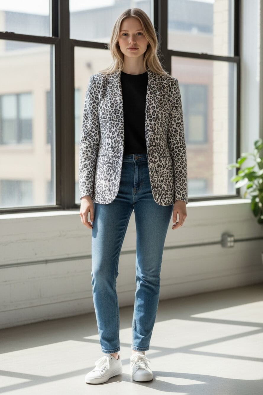 RACHEL ZOE Leopard Print Blazer Size L NEW Open Classic Jacket Cotton Linen